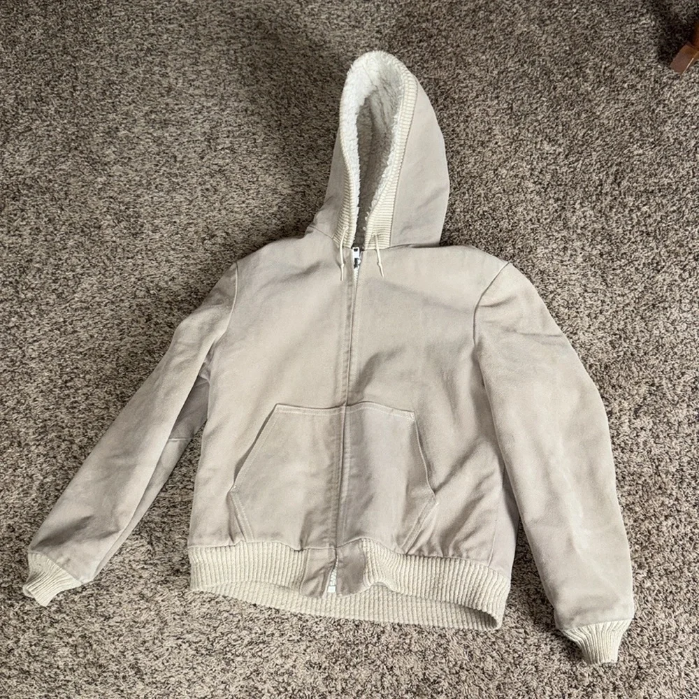 Vintage William Barry tan suede hoodie jacket with Sherpa lining Size 42 Long